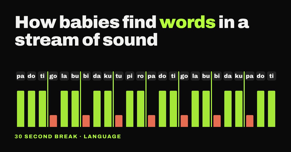 Rows of syllable chips with tall green bars inside words and short red bars at each word boundary, showing transitional probability dips