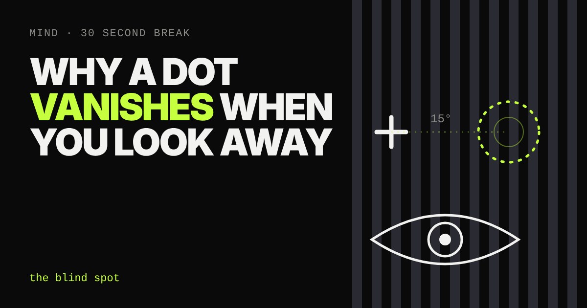 A white cross beside a dashed green circle on a striped background, above an outlined eye, illustrating the blind spot