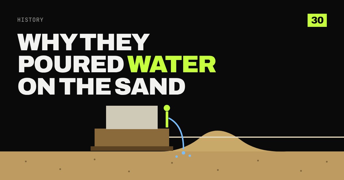 Side view of a sledge carrying a stone block over sand while a man pours water in front of it