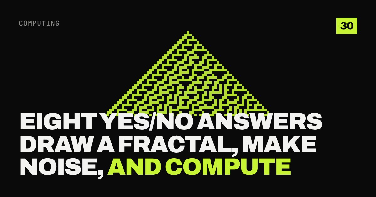 Rule 30 cellular automaton: a triangle of lime squares that turns from a tidy edge into noise, above the title