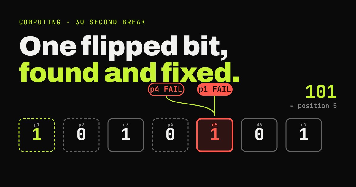 Seven bit cells with one corrupted bit in red; two failed parity checks point to it and spell binary 101, position 5
