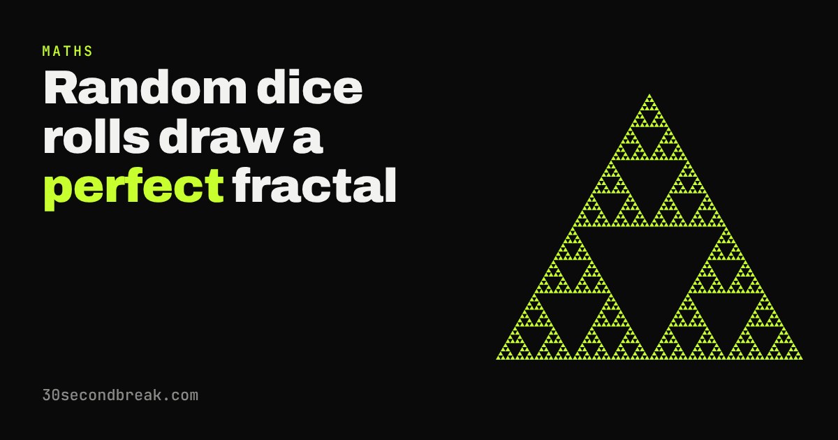 Green Sierpiński triangle fractal on black beside the title 'Random dice rolls draw a perfect fractal'