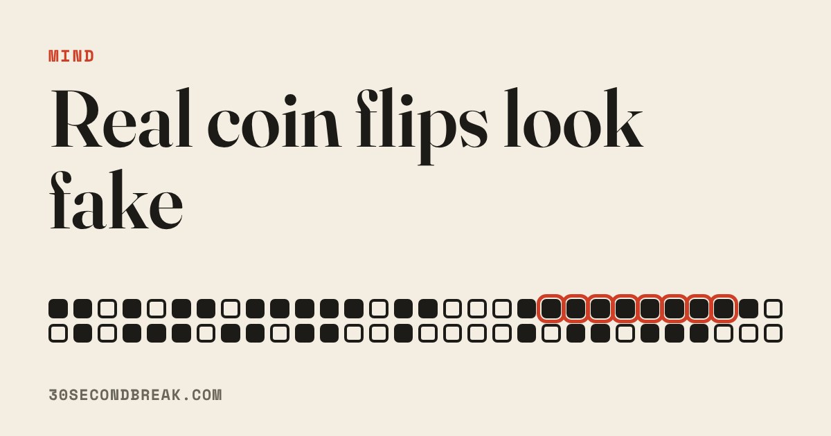 A grid of filled and empty squares for coin flips, with a run of eight filled squares circled in red