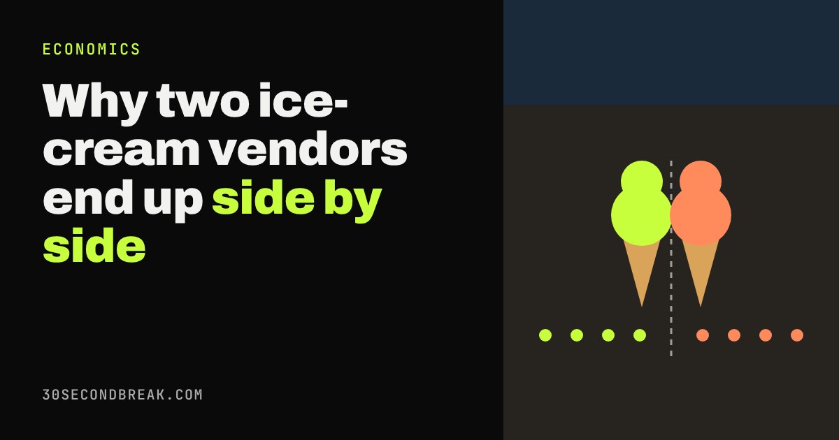 Two ice-cream cones, one lime and one coral, side by side at the centre of a beach with customers on either side